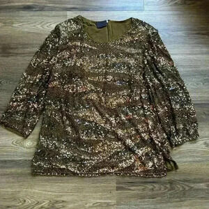 FRANK USHER Sequin 100% Silk Tunic Blouse Top XL GOLD Beaded Glam Party Retro UK